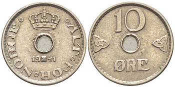 НОРВЕГИЯ 10 ЭРЕ 1941 ХОКОН VII (1905-1957) KM 383 медно-никель 116-1111