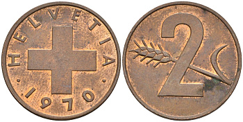 Швейцария 2 раппена 1970 KM 47 бронза 4592-656