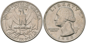 США 25 центов = квотер 1988 P, Вашингтон KM 164a медь плакированная медно-никелем 4595-1245