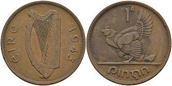 Ирландия 1 пенни 1943 курица с цыплятами KM 11 бронза 4144-1141