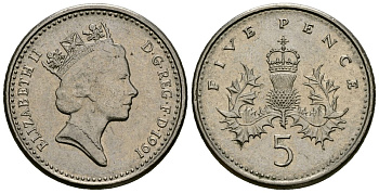 Великобритания 5 пенсов 1991 Елизавета II (1952-2022) KM 937b, Spink 4372 (D4) медно-никель 4173-1241