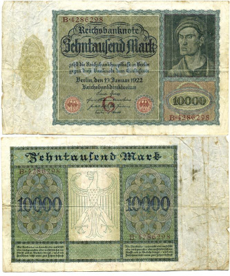 Германия 10000 марок 1922 Альбрехт Дюрер, серия B, литера G Pick 70, Розенберг 68а бумага 2192-64-1