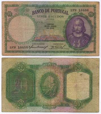 ПОРТУГАЛИЯ 20 ЭСКУДО 1949 28.06.1949, Антонио Луис Менезес Pick 153a бумага 8564-25-2-1