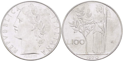 ИТАЛИЯ 100 ЛИР 1970 R, АФИНА, ДИАМЕТР 28 ММ. KM 96.1 нержавеющая сталь 4512-1024