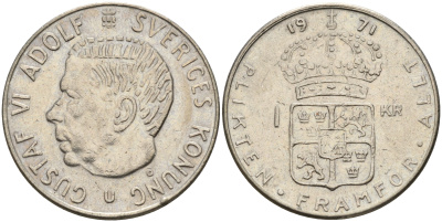 Швеция 1 крона 1971 U, Густав VI Адольф (1950-1973) KM 826а медь плакированная медно-никелем 4161-637