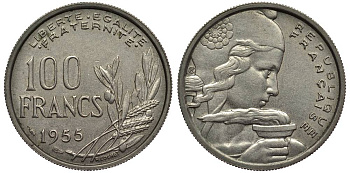 ФРАНЦИЯ 100 ФРАНКОВ 1955 ТИП COCHET KM 919.1, LE FRANC 450.4 медно-никель 27-756
