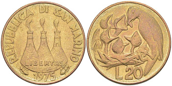 Сан-Марино 20 лир 1975 FAO, птица в гнезде KM 44 алюминиевая бронза 4519-636