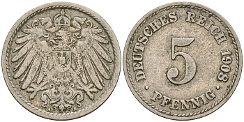 Германия 5 пфеннигов 1908 A KM 11, Jager 12, Weege 6 медно-никель 4364-4521