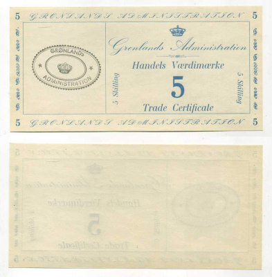 Гренландия 5 скиллингов 1942 торговый сертификат Pick M9 бумага UNC (пресс) 451-258-2