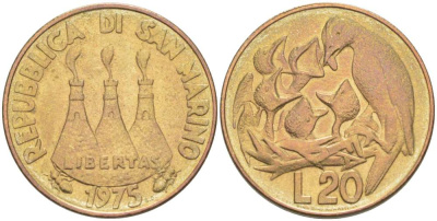 Сан-Марино 20 лир 1975 FAO, птица в гнезде KM 44 алюминиевая бронза 4519-636