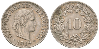 Швейцария 10 раппенов 1919 B KM 27 медно-никель 4169-722