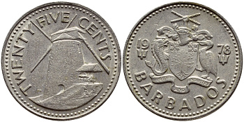 Барбадос 25 центов 1978 ветряная мельница Моргана Льюиса KM 13 медно-никель 4398-352