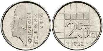 Нидерланды 25 центов 1982 Беатрикс (1980-2013) KM 204 никель 96-264