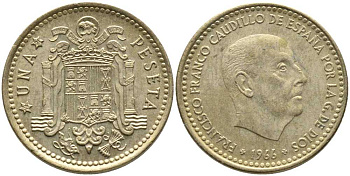 ИСПАНИЯ 1 ПЕСЕТА 1966 (71) ФРАНСИСКО ФРАНКО ДИКТАТОР ИСПАНИИ (1939-1975) KM 796 алюминиевая бронза 110-1237