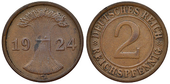 Германия 2 рейхспфеннига 1924 G KM 38, J. 314, Weege 4 бронза 4121-555