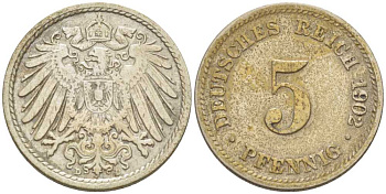 ГЕРМАНИЯ 5 ПФЕННИГОВ 1902 D KM 11, J. 12, Weege 6 медно-никель 206-933