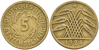 Германия 5 рентенпфеннигов 1924 А KM 32, J. 308 алюминиевая бронза    4594-1118