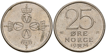Норвегия 25 эре 1974 Улаф V (1958 - 1991) KM 417 медно-никель 4154-816