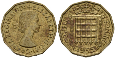 Великобритания 3 пенса 1955 Елизавета II (1952-2022) KM 900, Spink 4153 никель латунь 4153-733