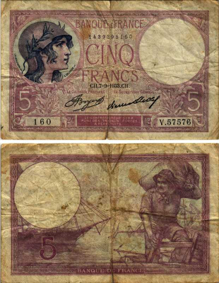 Франция 5 франков 1933 женщина в шлеме, корабль, докер, Boyer, Strohl, 7 сентября 1933 Pick 72 e бумага 00-00