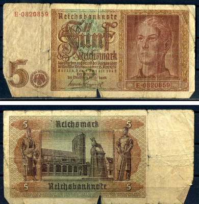 Германия 5 рейхсмарок 1942 водяной знак "5" частично перевернут, 7 цифр в серии Pick 186 b (3) бумага 8621-36-3-1