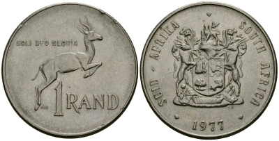 ЮАР 1 ранд 1977 антилопа спрингбок, герб KM 88a никель 4120-721