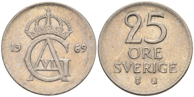 Швеция 25 эре 1969 Густав VI Адольф (1950-1973) KM 836 медно-никель 4580-263