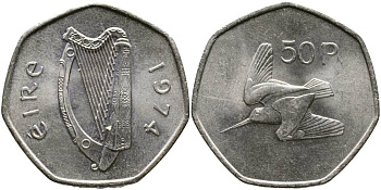 ИРЛАНДИЯ 50 ПЕНСОВ 1974 ВАЛЬДШНЕП KM 24 медно-никель 4531-743