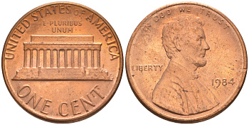 США 1 ЦЕНТ 1984 ЛИНКОЛЬН KM 201b цинк плакированный медью 188-229