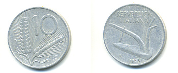 ИТАЛИЯ 10 ЛИР 1955 R, КОЛОСЬЯ, ПЛУГ KM 93 алюминий 80-213