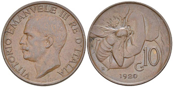 ИТАЛИЯ 10 ЧЕНТЕЗИМО 1920 R, МОНДВОР РИМ, ВИКТОР ЭММАНУИЛ III (1900-1946) KM 60 медь 4525-223