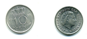 НИДЕРЛАНДЫ 10 ЦЕНТОВ 1958 ЮЛИАНА KM 182 никель 76-331