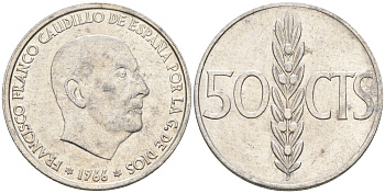 Испания 50 сентимо 1966 (67) Франциско Франко (1939-1975) KM 795 алюминий    4124-766