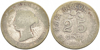 ЦЕЙЛОН 25 ЦЕНТОВ 1893 ВИКТОРИЯ KM 95 серебро 44-1027