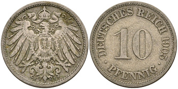 Германия 10 пфеннигов 1905 F KM 12, J. 13 медно-никель 4575-611