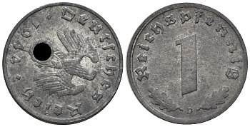 Германия 1 рейхспфенниг 1944 D, редкий брак, поворот аверса к реверсу на 50 градусов J. 369, KM 97 цинк  aUNC  1524-121