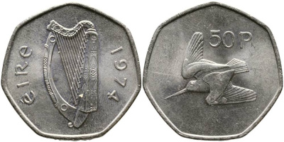 ИРЛАНДИЯ 50 ПЕНСОВ 1974 ВАЛЬДШНЕП KM 24 медно-никель 4531-743