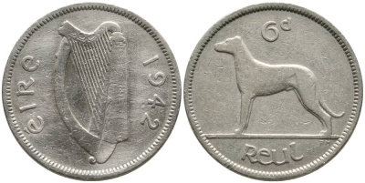 ИРЛАНДИЯ 6 ПЕНСОВ 1942 ИРЛАНДСКИЙ ВОЛКОДАВ KM 13а медно-никель 4525-1136