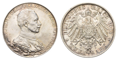 Пруссия 2 марки 1913 25 лет правлению Вильгельма II KM 533, J. 111 серебро UNC 1529-1335