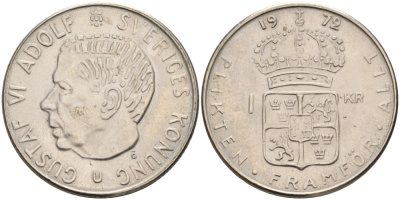 Швеция 1 крона 1972 U, Густав VI Адольф (1950-1973) KM 826а медь плакированная медно-никелем 4557-421