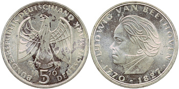 ФРГ 5 марок 1970 F. 200 лет со дня рождения Людвига ван Бетховена KM 127, J. 408 серебро aUNC 1529-241