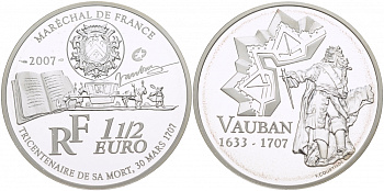 Франция 1 1/2 евро 2007 300 лет со дня смерти военного инженера Себастьена де Вобана KM 1462 серебро PROOF 01-162-34