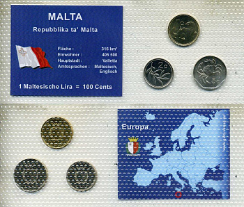 Мальта набор из 3 монет (1, 2 и 5 цента) 2006 в красочном блистер, в запайке KM 93, 94 и 95 UNC 4-3-2-52