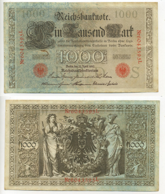 ГЕРМАНИЯ 1000 МАРОК 1910 КРАСНАЯ ПЕЧАТЬ, 7 ЦИФР В НОМЕРЕ Pick 44b бумага 7217-85-1