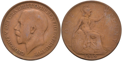 Великобритания 1 пенни 1919 Георг V (1910-1936) KM 810, Spink 4051 бронза 4593-212