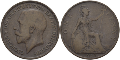 Великобритания 1 пенни 1917 Георг V (1910-1936) KM 810, Spink 4051 бронза 97-1111