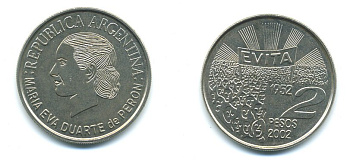 Аргентина 2 песо 2002 Мария Эва Дуарте де Перон KM 135.1 медно-никель UNC 37-1043
