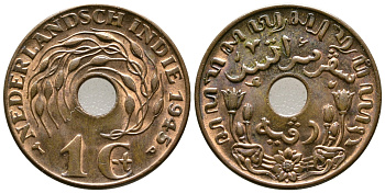 Нидерландская Восточная Индия 1 цент 1945 р, Вильгельмина (1890-1948) KM 317 бронза UNC 4610-944