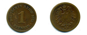 ГЕРМАНИЯ 1 ПФЕННИГ 1875 B, СТАРОГЕРБОВКА KM 1, J. 1 медь 35-159