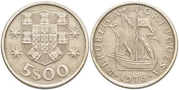 ПОРТУГАЛИЯ 5 ЭСКУДО 1976 ПАРУСНИК KM 591 медно-никель 4513-1046
